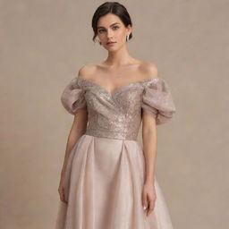 An elegant woman's formal wear combining lamé, tulle, and satin materials, featuring a loose collar and dropping sleeves