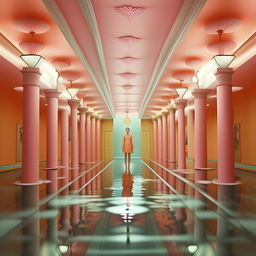 Create a symmetrical, pastel-colored image in the style of Wes Anderson's Grand Budapest Hotel. It depicts a beautiful mermaid, Elena, who has just met a drowning boy, deep underwater.