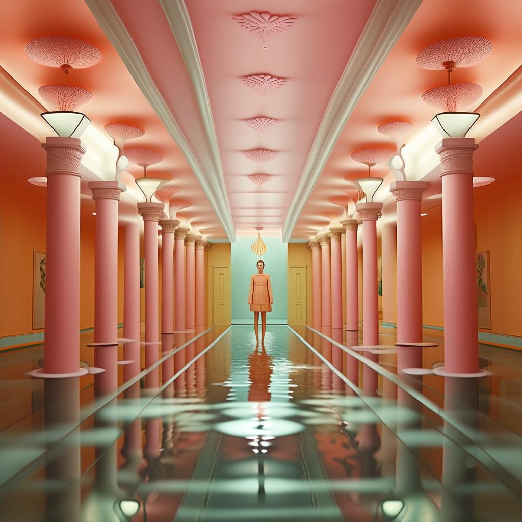 Create a symmetrical, pastel-colored image in the style of Wes Anderson's Grand Budapest Hotel. It depicts a beautiful mermaid, Elena, who has just met a drowning boy, deep underwater.