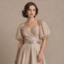 An elegant woman's formal wear combining lamé, tulle, and satin materials, featuring a loose collar and dropping sleeves