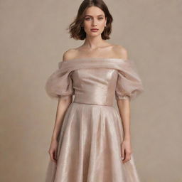 An elegant woman's formal wear combining lamé, tulle, and satin materials, featuring a loose collar and dropping sleeves