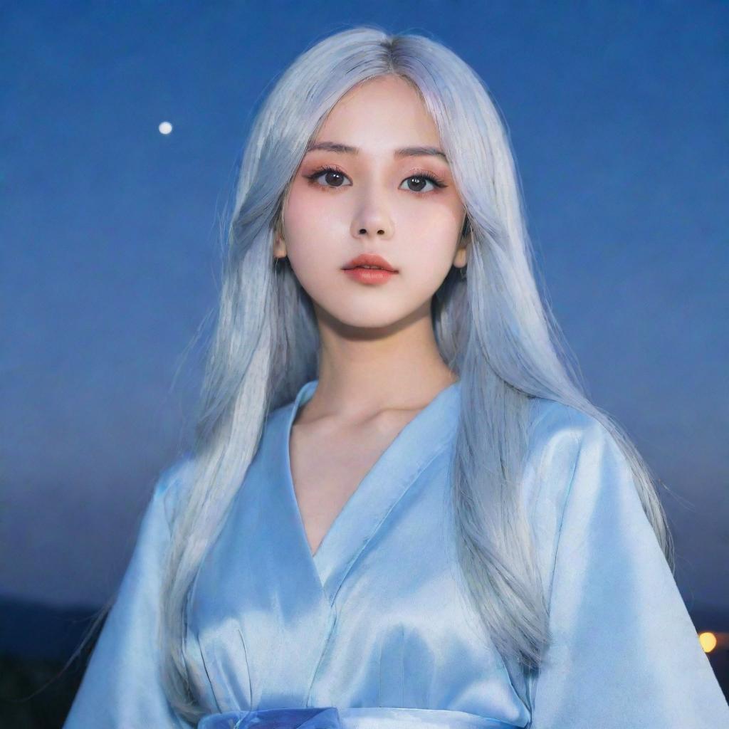 Anime girl with silver hair, oval face, deep indigo doe eyes, full lips, long straight hair, manga-style eyelashes, wearing a pastel blue Japanese gown, posed under a moonlit sky