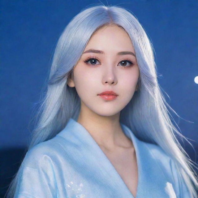 Anime girl with silver hair, oval face, deep indigo doe eyes, full lips, long straight hair, manga-style eyelashes, wearing a pastel blue Japanese gown, posed under a moonlit sky