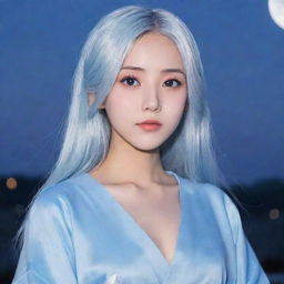 Anime girl with silver hair, oval face, deep indigo doe eyes, full lips, long straight hair, manga-style eyelashes, wearing a pastel blue Japanese gown, posed under a moonlit sky