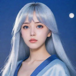 Anime girl with silver hair, oval face, deep indigo doe eyes, full lips, long straight hair, manga-style eyelashes, wearing a pastel blue Japanese gown, posed under a moonlit sky