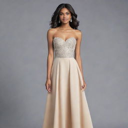 A fashionable formal dress designed for a 24-year-old woman with a larger waist, small chest, and wheatish skin tone