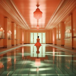 Create a symmetrical, pastel-colored image in the style of Wes Anderson's Grand Budapest Hotel. It depicts a beautiful mermaid, Elena, who has just met a drowning boy, deep underwater.