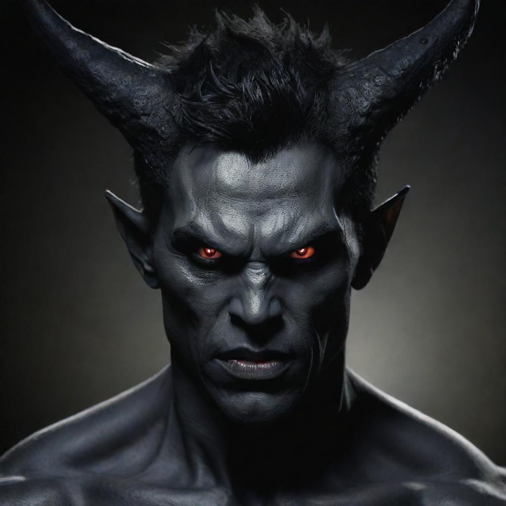 Create an image of a powerful demon-human hybrid, Wryth Chester. He has a dark, menacing, yet charming appearance, with a sharp and angular facial structure. His skin is colorless pale, with a noticeable shadow around him.