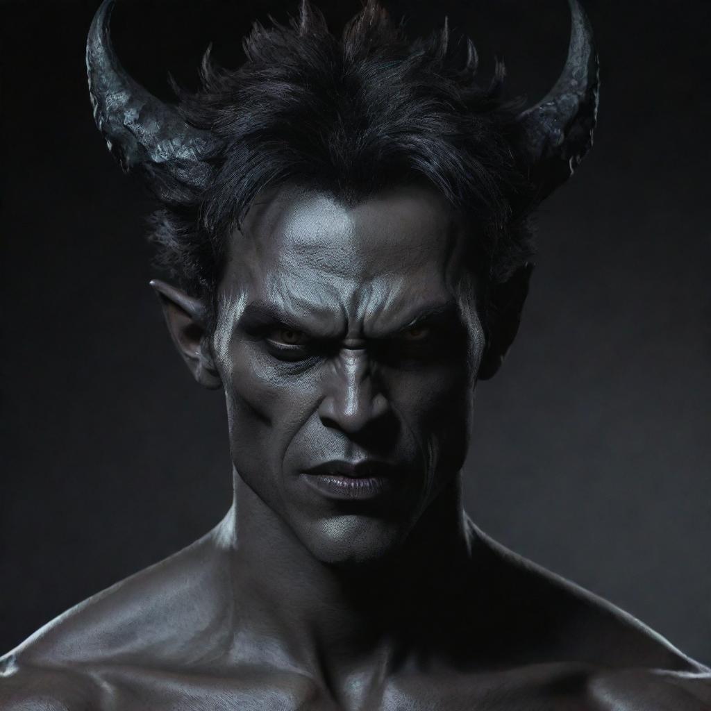 Create an image of a powerful demon-human hybrid, Wryth Chester. He has a dark, menacing, yet charming appearance, with a sharp and angular facial structure. His skin is colorless pale, with a noticeable shadow around him.