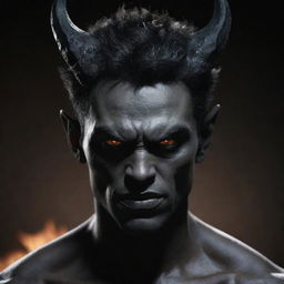 Create an image of a powerful demon-human hybrid, Wryth Chester. He has a dark, menacing, yet charming appearance, with a sharp and angular facial structure. His skin is colorless pale, with a noticeable shadow around him.