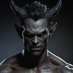 Create an image of a powerful demon-human hybrid, Wryth Chester. He has a dark, menacing, yet charming appearance, with a sharp and angular facial structure. His skin is colorless pale, with a noticeable shadow around him.