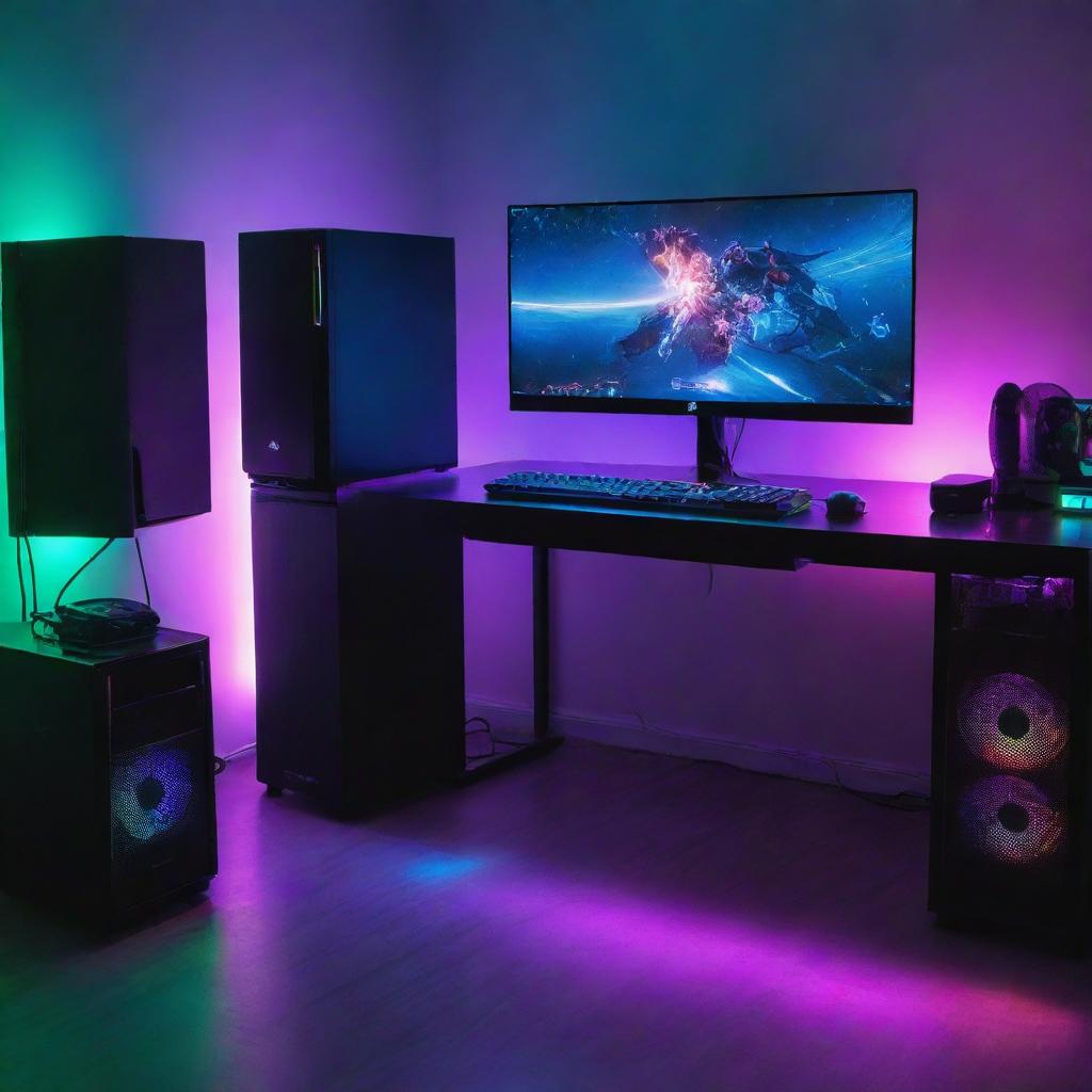 A high-tech gaming PC setup in a room illuminated with vibrant RGB lights, reflecting off the walls, furniture, and the glossy surfaces of the gaming gear.