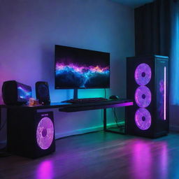 A high-tech gaming PC setup in a room illuminated with vibrant RGB lights, reflecting off the walls, furniture, and the glossy surfaces of the gaming gear.