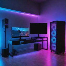 A high-tech gaming PC setup in a room illuminated with vibrant RGB lights, reflecting off the walls, furniture, and the glossy surfaces of the gaming gear.