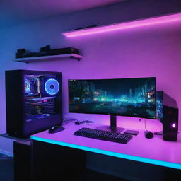 A high-tech gaming PC setup in a room illuminated with vibrant RGB lights, reflecting off the walls, furniture, and the glossy surfaces of the gaming gear.