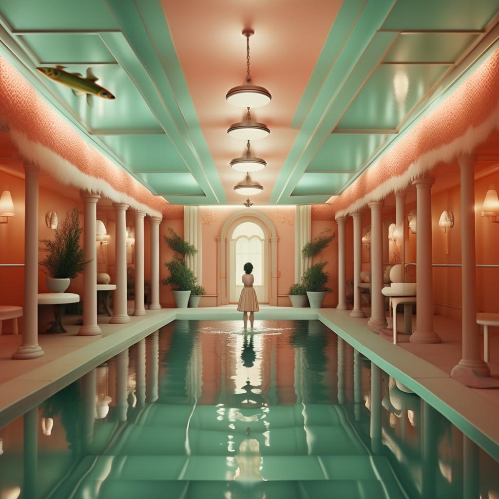 Create a symmetrical, pastel-colored image in the style of Wes Anderson's Grand Budapest Hotel. It depicts a beautiful mermaid, Elena, who has just met a drowning boy, deep underwater.