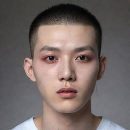 Create a hyper-realistic image of a 23-year-old Korean man with buzzcut, pale skin, and striking red pupils. Incorporate a subtle element of smoke around him to suggest intensity.