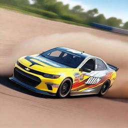 A high-quality digital rendering of a Chevrolet Malibu, transformed into a NASCAR racing car