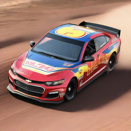 A high-quality digital rendering of a Chevrolet Malibu, transformed into a NASCAR racing car