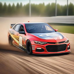 A high-quality digital rendering of a Chevrolet Malibu, transformed into a NASCAR racing car