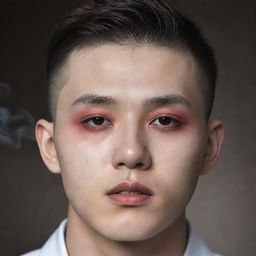 Create a hyper-realistic image of a 23-year-old Korean man with buzzcut, pale skin, and striking red pupils. Incorporate a subtle element of smoke around him to suggest intensity.