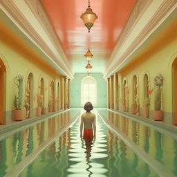 Create a symmetrical, pastel-colored image in the style of Wes Anderson's Grand Budapest Hotel. It depicts a beautiful mermaid, Elena, who has just met a drowning boy, deep underwater.