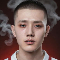 Create a hyper-realistic image of a 23-year-old Korean man with buzzcut, pale skin, and striking red pupils. Incorporate a subtle element of smoke around him to suggest intensity.