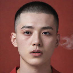 Create a hyper-realistic image of a 23-year-old Korean man with buzzcut, pale skin, and striking red pupils. Incorporate a subtle element of smoke around him to suggest intensity.