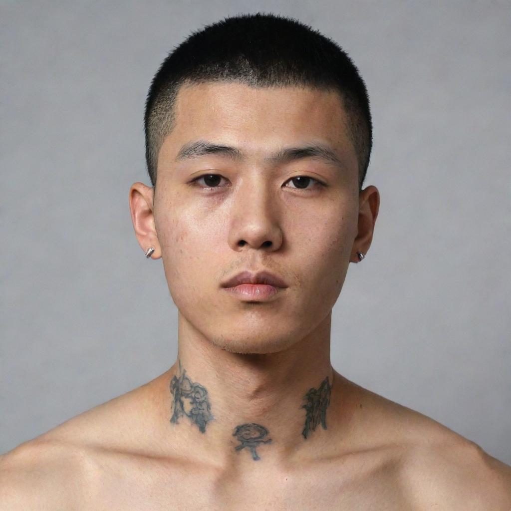 A 23-year-old dark-skinned Korean man with a buzzcut and a tattoo of Korean characters on his neck.