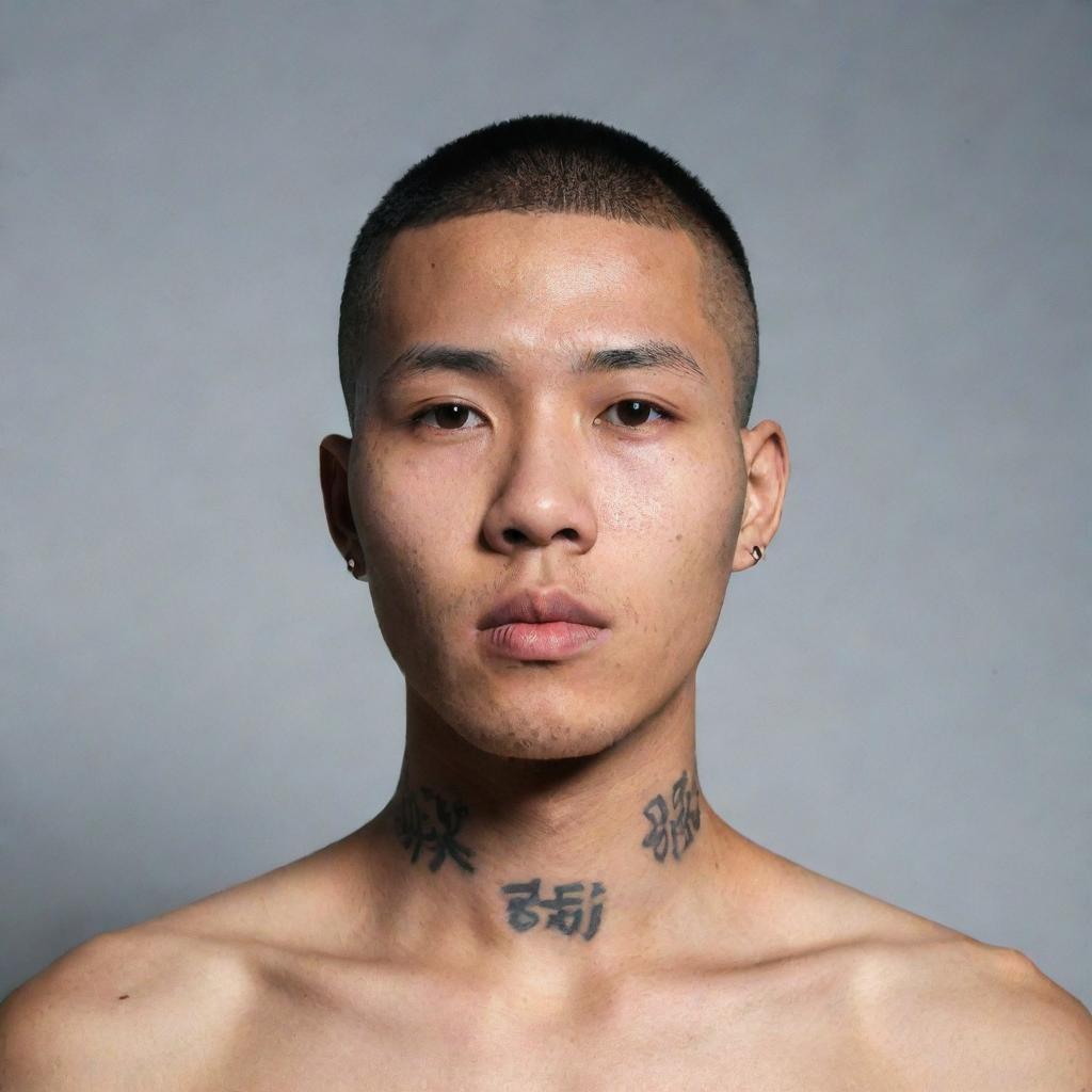 A 23-year-old dark-skinned Korean man with a buzzcut and a tattoo of Korean characters on his neck.