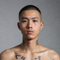 A 23-year-old dark-skinned Korean man with a buzzcut and a tattoo of Korean characters on his neck.