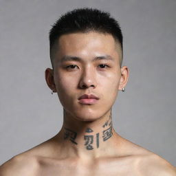 A 23-year-old dark-skinned Korean man with a buzzcut and a tattoo of Korean characters on his neck.