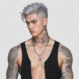 Manhwa-style bad boy character with tattoos, piercings, and a buzzcut.