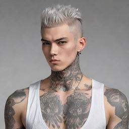 Manhwa-style bad boy character with tattoos, piercings, and a buzzcut.