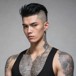 Manhwa-style bad boy character with tattoos, piercings, and a buzzcut.