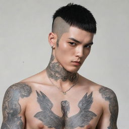 Manhwa-style bad boy character with tattoos, piercings, and a buzzcut.