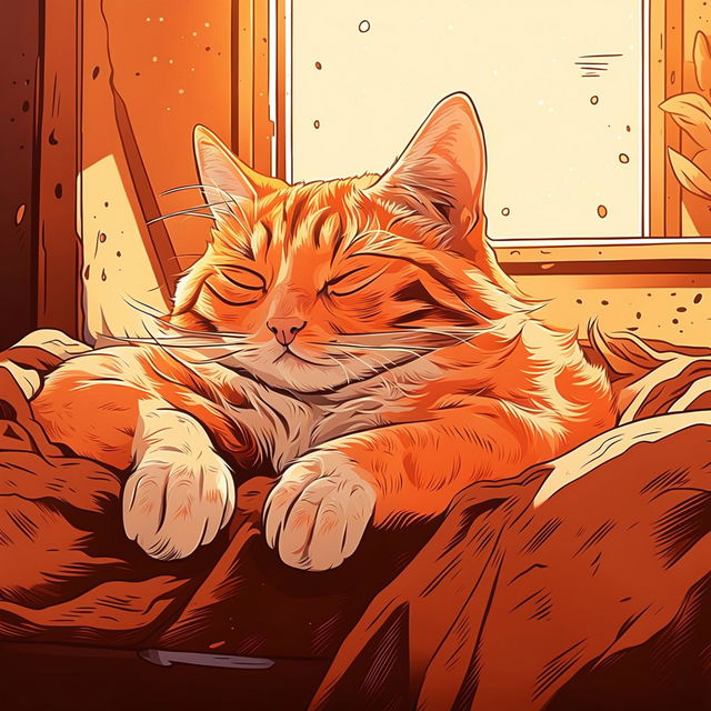 A high-quality, vibrant cartoon illustration of a cute, fluffy ginger cat sleeping peacefully in a sunlit room