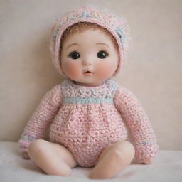 A delicate crochet baby doll, meticulously crafted with intricate detail, set against an enchanting, softly-blurred background softened by warm pastel shades, promoting a sense of peace and love.