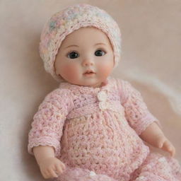 A delicate crochet baby doll, meticulously crafted with intricate detail, set against an enchanting, softly-blurred background softened by warm pastel shades, promoting a sense of peace and love.