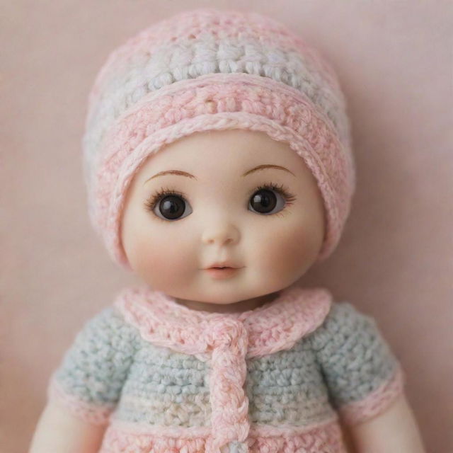 A delicate crochet baby doll, meticulously crafted with intricate detail, set against an enchanting, softly-blurred background softened by warm pastel shades, promoting a sense of peace and love.