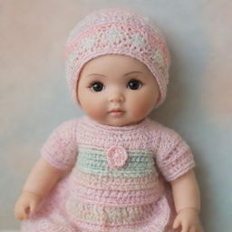 A delicate crochet baby doll, meticulously crafted with intricate detail, set against an enchanting, softly-blurred background softened by warm pastel shades, promoting a sense of peace and love.