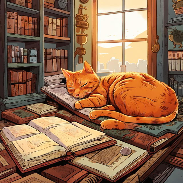 This is a high-quality cartoon illustration of a ginger cat sleeping in a patch of sunlight in a cluttered study