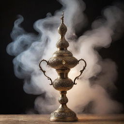 A radiant genie emerging from an ornate lamp, swirling in a cloud of mystical smoke against an Arabian night background.