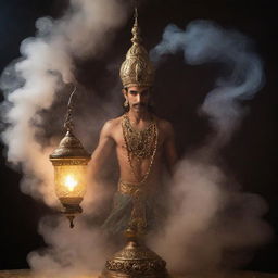 A radiant genie emerging from an ornate lamp, swirling in a cloud of mystical smoke against an Arabian night background.