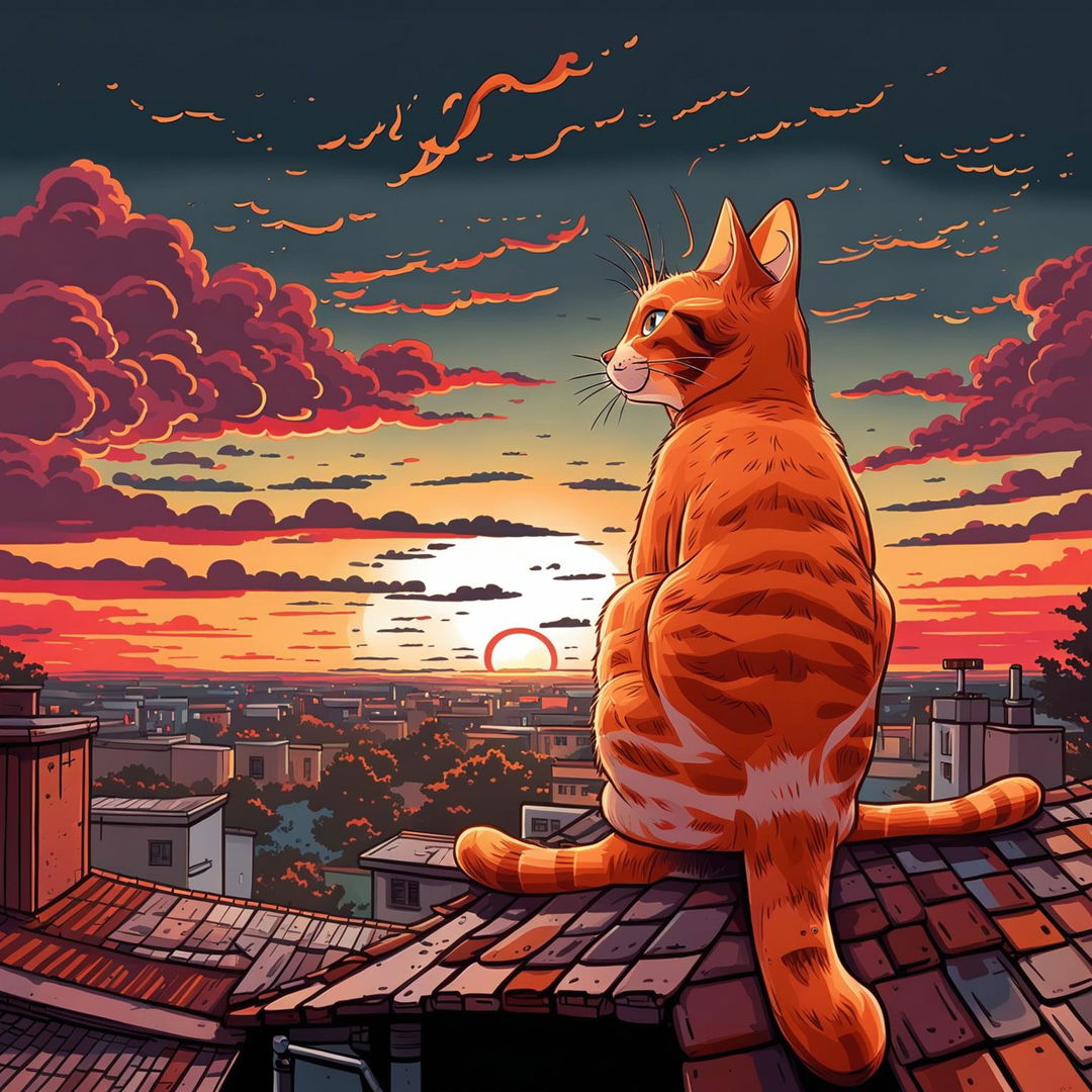 This is a captivating cartoon illustration of the same ginger cat, now perched on a roof, watching a breathtaking sunset