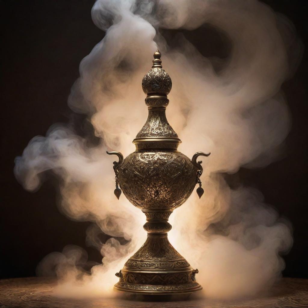 A radiant genie emerging from an ornate lamp, swirling in a cloud of mystical smoke against an Arabian night background.