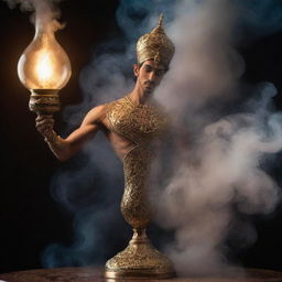 A radiant genie emerging from an ornate lamp, swirling in a cloud of mystical smoke against an Arabian night background.