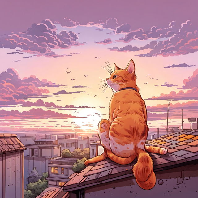 This is a soothing cartoon illustration of the same ginger cat, sitting on a roof, captivated by the setting sun