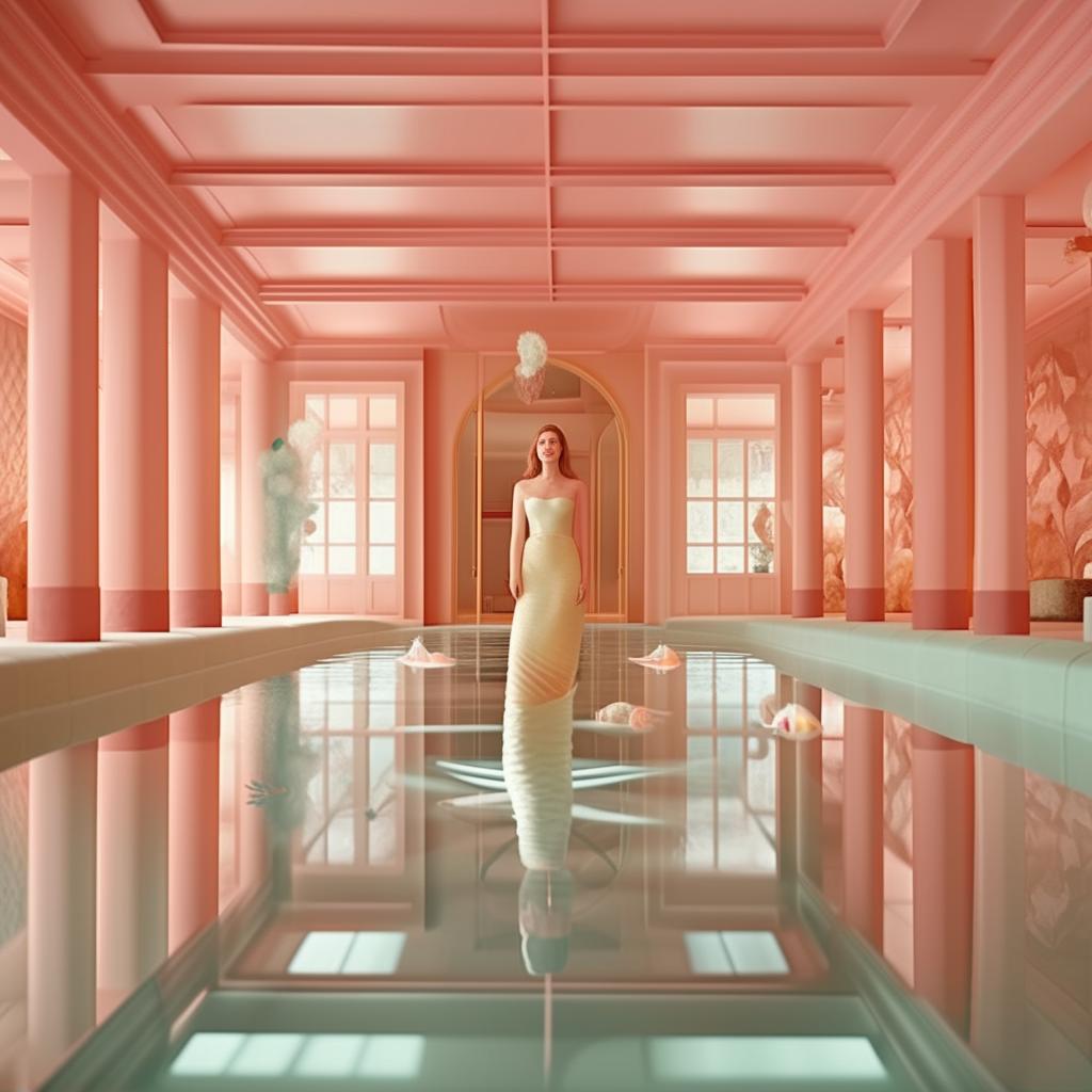 Generate an image using symmetrical framing and pastel colors, in the style of Wes Anderson's Grand Budapest Hotel. It visualizes an underwater scene featuring a beautiful mermaid.