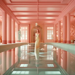 Generate an image using symmetrical framing and pastel colors, in the style of Wes Anderson's Grand Budapest Hotel. It visualizes an underwater scene featuring a beautiful mermaid.